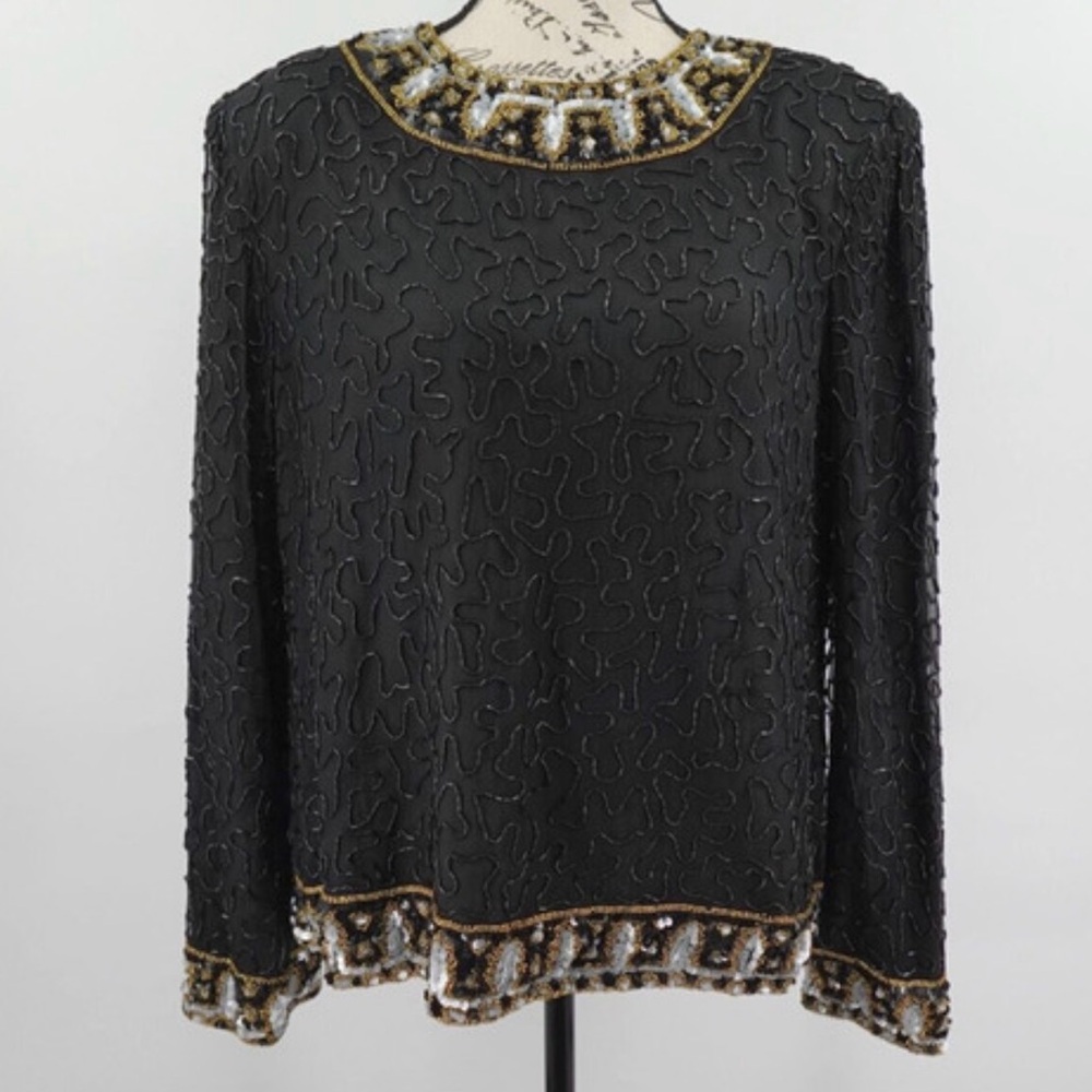 VGUC- Laurence Kazar Vintage 1980's 100% Silk Beaded Sequin Top